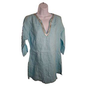 Malvin Womens Linen Tunic Top XL Blue Silver Beaded V Neck 3/4 Sleeves Lagenlook